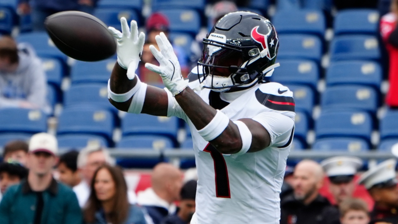 Oct 13, 2024; Foxborough, Massachusetts, USA; Houston Texans wide receiver Stefon Diggs (1) warms up prior to the game against the New England Patriots at Gillette Stadium.