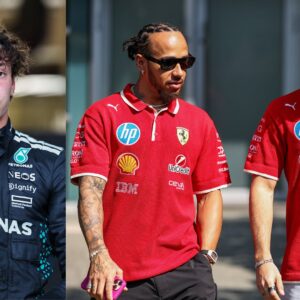 Kimi Antonelli (L), Lewis Hamilton and Charles Leclerc (R)