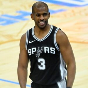 Mar 27, 2025; Cleveland, Ohio, USA; San Antonio Spurs guard Chris Paul (3) reacts after a play in the fourth quarter against the Cleveland Cavaliers at Rocket Arena. Mandatory Credit: David Richard-Imagn Images