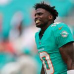 Miami Dolphins wide receiver Tyreek Hill (10) reacts on the field before the game against the San Francisco 49ers at Hard Rock Stadium. Mandatory Credit: Sam