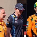 Zak Brown, Max Verstappen (L) and Oscar Piastri (R)