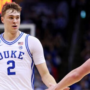 Mar 29, 2025; Newark, NJ, USA; Duke Blue Devils forward Cooper Flagg (2) celebrates with guard Kon Knueppel (7) during the second half against the Alabama Crimson Tide in the East Regional final of the 2025 NCAA tournament at Prudential Center.