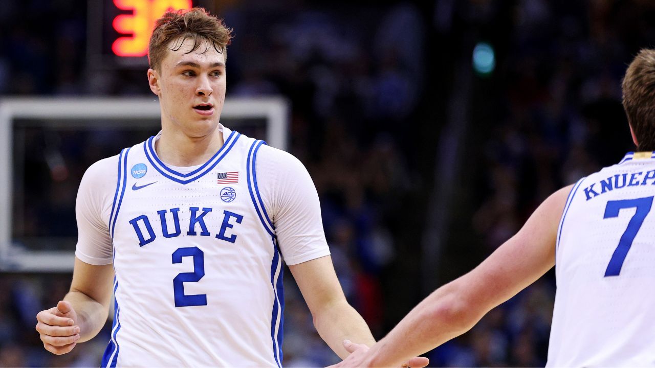 Mar 29, 2025; Newark, NJ, USA; Duke Blue Devils forward Cooper Flagg (2) celebrates with guard Kon Knueppel (7) during the second half against the Alabama Crimson Tide in the East Regional final of the 2025 NCAA tournament at Prudential Center.