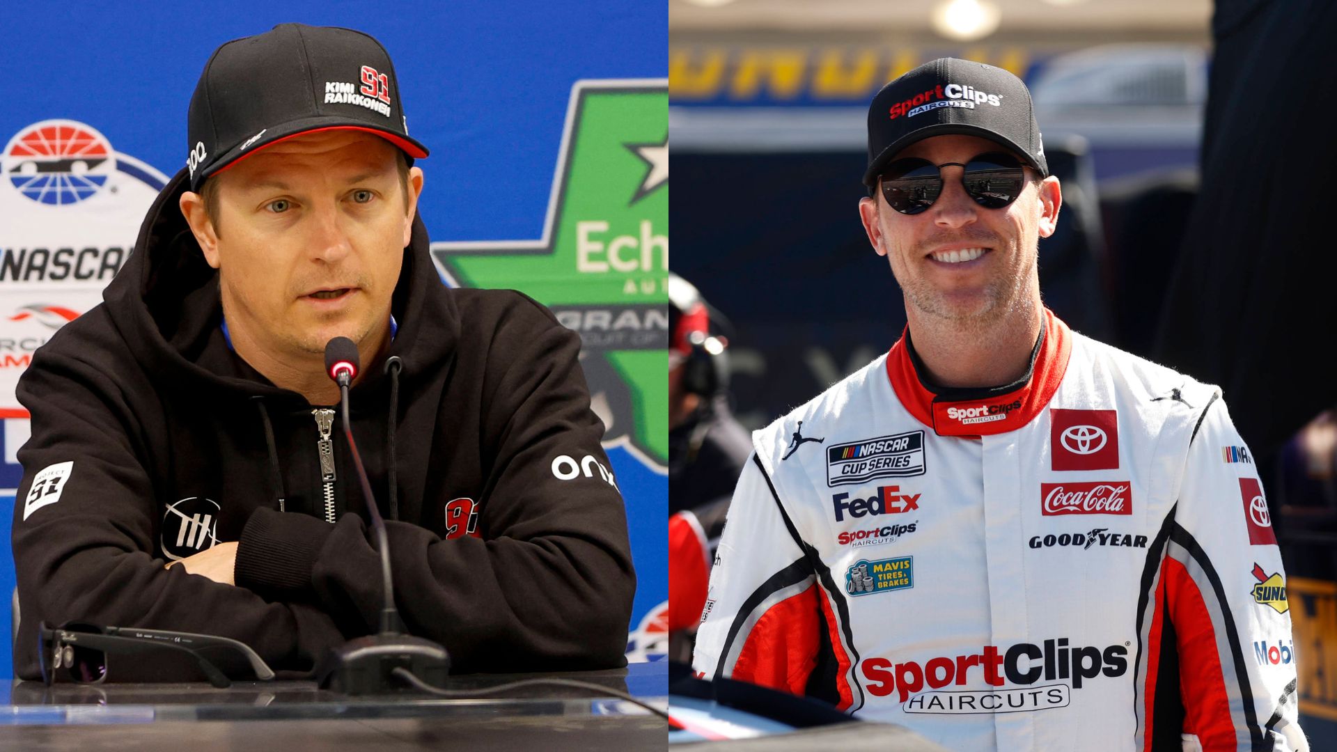 Kimi Raikkonen (L) and Denny Hamlin (R)