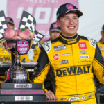 Feb 23, 2025; Hampton, Georgia, USA; Christopher Bell (20) poses with his trophy in Victory Lane after claiming a victory at Atlanta Motor Speedway. Mandatory Credit: Jason Allen-Imagn Images