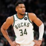 Milwaukee Bucks forward Giannis Antetokounmpo (34) looks on during the first quarter against the Atlanta Hawks at Fiserv Forum.