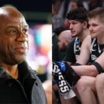 Magic Johnson(L), Frankie Fidler and Jaxon Kohler(R)