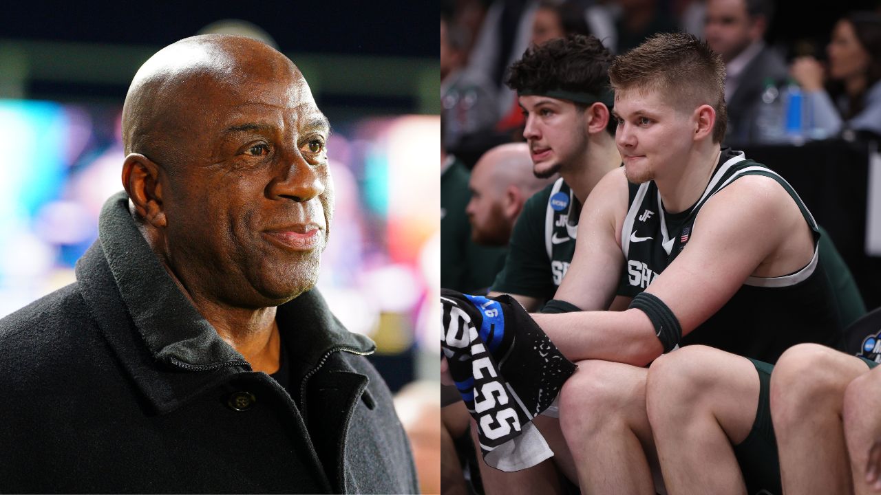 Magic Johnson(L), Frankie Fidler and Jaxon Kohler(R)