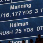 Oct 19, 2014; Denver, CO, USA; General view of the score board showing Denver Broncos quarterback Peyton Manning (18) (not pictured) stats following his record breaking touchdown in the second quarter against the San Francisco 49ers at Sports Authority Field at Mile High.