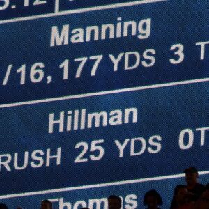 Oct 19, 2014; Denver, CO, USA; General view of the score board showing Denver Broncos quarterback Peyton Manning (18) (not pictured) stats following his record breaking touchdown in the second quarter against the San Francisco 49ers at Sports Authority Field at Mile High.