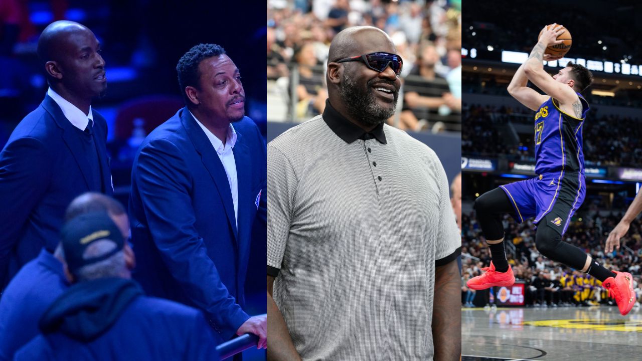 Kevin Garnett and Paul Pierce (L), Shaquille O'Neal (C), Luka Doncic (R)