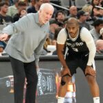 Oct 28, 2024; San Antonio, Texas, USA; San Antonio Spurs head coach Gregg Popovich talks with guard Chris Paul (3) during the second half against the Houston Rockets at Frost Bank Center. Mandatory Credit: Scott Wachter-Imagn Images