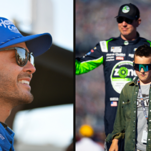 Kyle Larson (L) and Kyle Busch with his son Brexton (R)