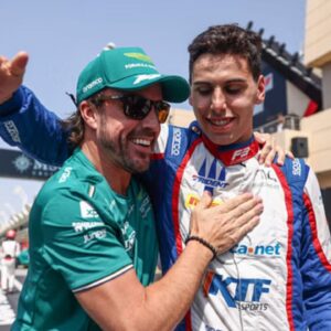 March 5, 2023, Sakhir, Bahrain: Gabriel Bortoleto and Fernando Alonso after the Formula 3 feature race at Bahrain International Circuit on March 5, 2023 in Sakhir, Bahrain. Sakhir Bahrain