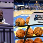 Shaquille O'Neal (L), A rack of basketballs used for March Madness (R)