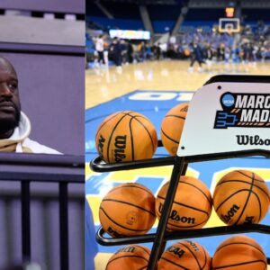 Shaquille O'Neal (L), A rack of basketballs used for March Madness (R)