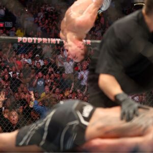 Spectators react as Michael Chandler does a backflip in celebration of his knockout victory against Tony Ferguson during UFC 274 at Footprint Center.