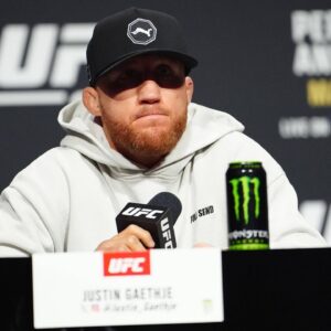 : LAS VEGAS, NV - MARCH 6:Justin Gaethje speaks with the press and the spectators for UFC313