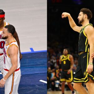 Stephen Curry and Jimmy Butler (L), Stephen Curry and Klay Thompson (R)