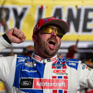 NASCAR Cup Series driver Josh Berry (21) celebrates his victory following the Pennzoil 400 at Las Vegas Motor Speedway.