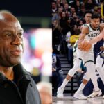 Magic Johnson (L), Giannis Antetokounmpo and Nikola Jokic (R)