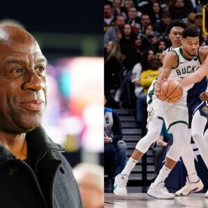 Magic Johnson (L), Giannis Antetokounmpo and Nikola Jokic (R)