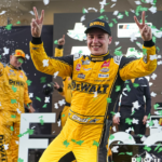 DEWALT Toyota driver Christopher Bell (20) celebrates winning the NASCAR Cup Series EchoPark Automotive Grand Prix at Circuit of the Americas on Sunday, March 2, 2025 in Austin.