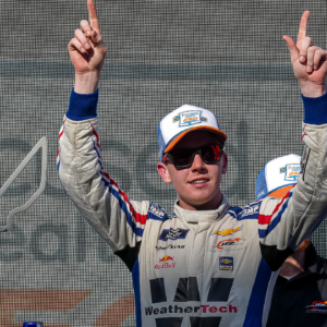 WeatherTech Chevrolet driver Connor Zilisch (88) celebrates winning the NASCAR Xfinity Series Focused Health 250 at Circuit of the Americas on Saturday, March 1, 2025 in Austin.