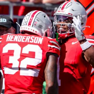 Ohio State Buckeyes running back TreVeyon Henderson (32) celebrates the touchdown with running back Quinshon Judkins (1) during the second quarter against the Marshall Thundering Herd at Ohio Stadium.
