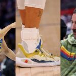 Stephen Curry(L), Under Armour Curry 11 'Championship mindset'(center), and Adam Sandler(R)