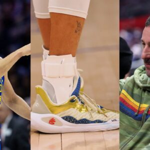 Stephen Curry(L), Under Armour Curry 11 'Championship mindset'(center), and Adam Sandler(R)