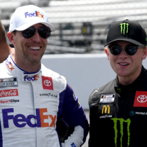 NASCAR Cup Series driver Denny Hamlin (11) and NASCAR Cup Series driver Ty Gibbs (45) talk Sunday, July 31, 2022, before the Verizon 200 at the Brickyard at Indianapolis Motor Speedway.