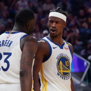 Golden State Warriors forward Jimmy Butler III (10) celebrates with forward Draymond Green (23) in the second quarter at Chase Center.