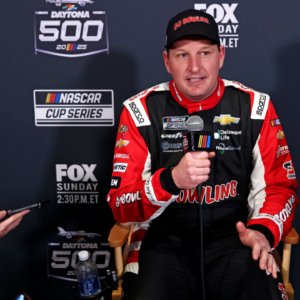 Feb 12, 2025; Daytona Beach, Florida, USA; NASCAR Cup Series driver Michael McDowell (71) during Daytona 500 media day at Daytona International Speedway. Mandatory Credit: Peter Casey-Imagn Images