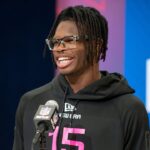 Colorado defensive back Travis Hunter (DB15) during the 2025 NFL Combine at Lucas Oil Stadium.