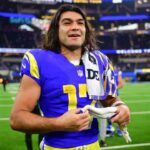 Los Angeles Rams wide receiver Puka Nacua (17) celebrates the victory against the Buffalo Bills at SoFi Stadium.