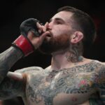 Sean Brady (red gloves) celebrates defeating Kelvin Gastelum (blue gloves) during UFC Fight Night at Moody Center.