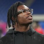 Feb 28, 2025; Indianapolis, IN, USA; Colorado defensive back Travis Hunter (DB15) looks on during the 2025 NFL Scouting Combine at Lucas Oil Stadium.