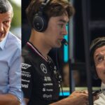 Guenther Steiner (L), Toto Wolff and George Russell (R)