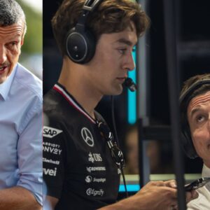 Guenther Steiner (L), Toto Wolff and George Russell (R)
