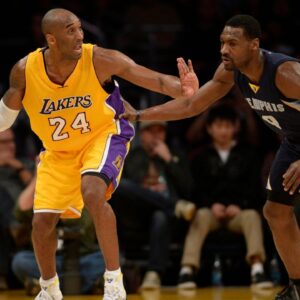 Los Angeles Lakers guard Kobe Bryant (24) yells as he handles the ball defended by Memphis Grizzlies guard Tony Allen (9) during the third quarter at Staples Center. The Memphis Grizzlies won 109-106.