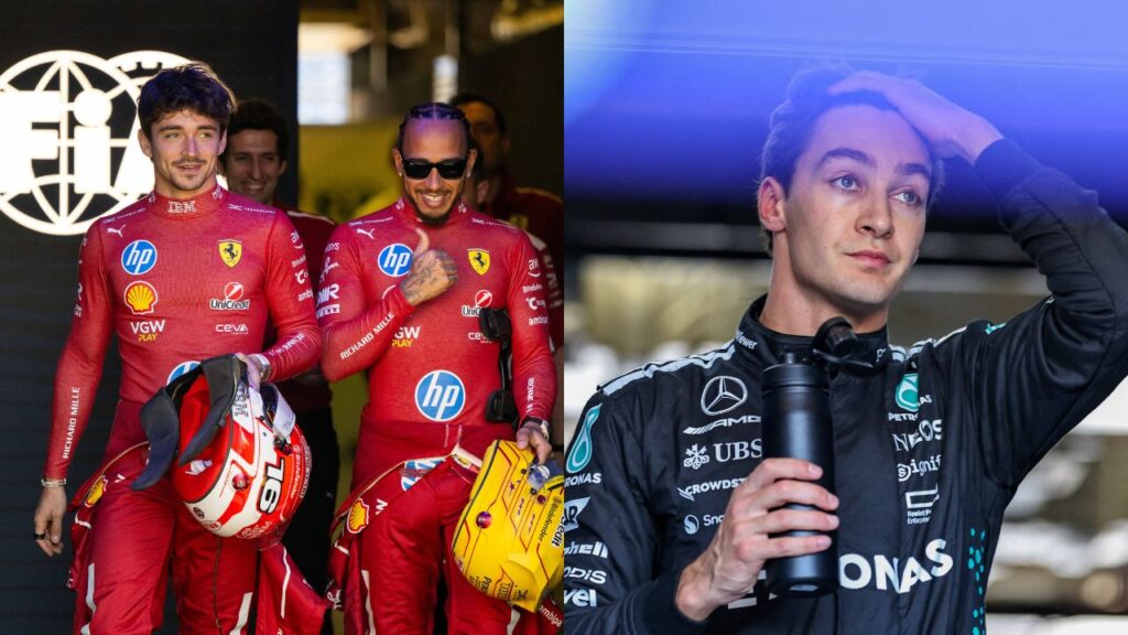Lewis Hamilton, Charles Leclerc (L) and George Russell (R)