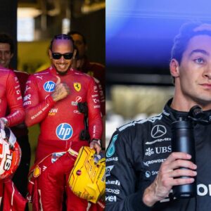 Lewis Hamilton, Charles Leclerc (L) and George Russell (R)