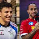 Isack Hadjar (L) and Lewis Hamilton (R)