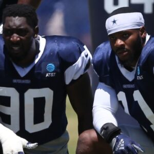 Dallas Cowboys defensive end DeMarcus Lawrence (90) and linebacker Micah Parsons (11) during training camp at the River Ridge Playing Fields in Oxnard, California.