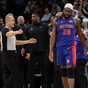Detroit Pistons center Isaiah Stewart (28) reacts after a fight against the Minnesota Timberwolves during the second quarter at Target Center. Stewart was later ejected from the game