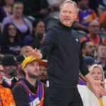 Phoenix Suns head coach Mike Budenholzer reacts against the New Orleans Pelicans during the first half at Footprint Center.