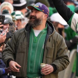 Feb 14, 2025; Philadelphia, PA, USA; Jason Kelce interacts with fans during the Super Bowl LIX championship parade and rally.