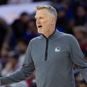 Golden State Warriors head coach Steve Kerr reacts during the second quarter against the Philadelphia 76ers at Wells Fargo Center.