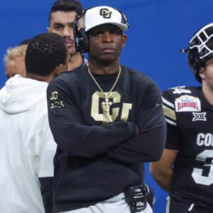 Dec 28, 2024; San Antonio, TX, USA; Colorado Buffaloes head coach Deion Sanders reacts from the sideline during the third quarter against the Brigham Young Cougars at Alamodome.